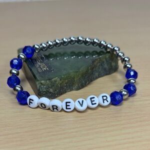 Beaded 'FOREVER' Blue & White Stretch Bracelet